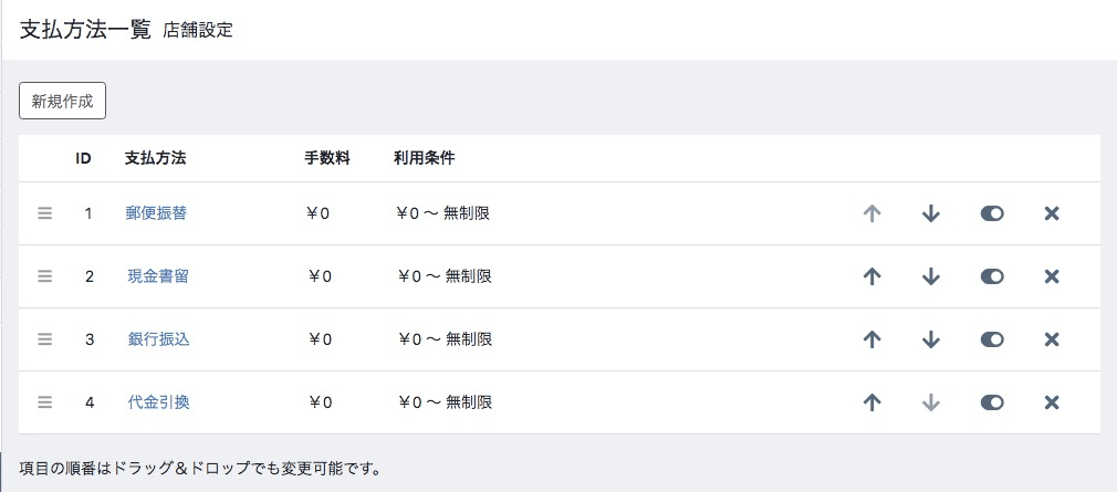 EC-CUBE支払い方法一覧