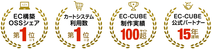 EC構築 OSSシェア 第1位／カートシステム利用数 第1位／EC-CUBE構築実績 100サイト超／EC-CUBE公式パートナー 15年連続